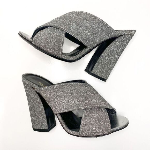 Gucci Webby Mules EU 36.5 US 6.5 Silver Glitter Block Heel Criss Cross Sandals - Picture 5 of 9